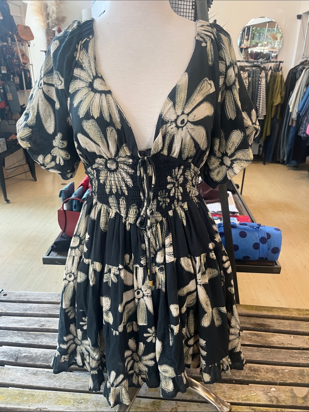 Free People Black Dress with Cream Floral Print